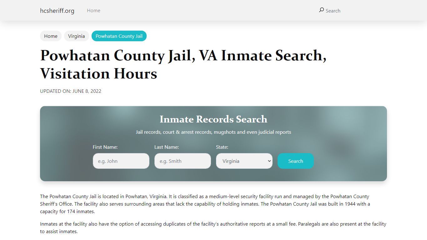 Powhatan County Jail , VA Inmate Search, Visitation Hours